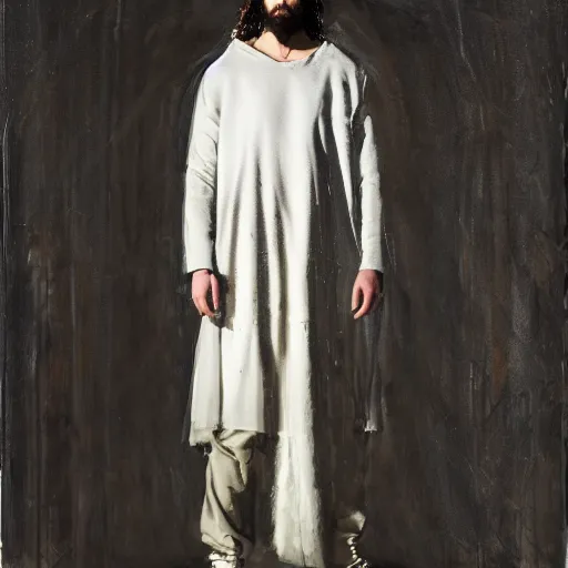 Image similar to a full body lookbook portrait of modern - day jesus wearing virgil abloh off - white menswear and sneaker collection by nicola samori, detailed, realistic oil painting, hyper - realistic, 8 k, off - white collection