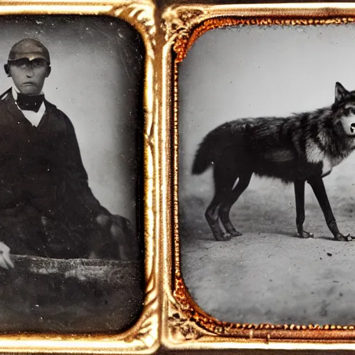 Prompt: tintype photo of a wolf eating a snake