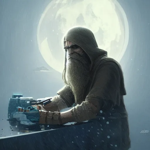 Prompt: Ultrarealistic illustration bearded jedi working on legos, cyberpunk, sci-fi fantasy,intricate,elegant,highly detailed, digital painting, artstation, concept art