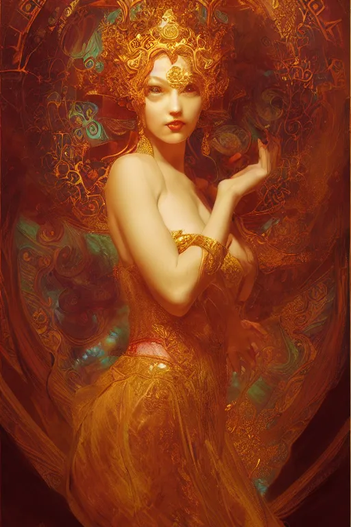 Image similar to tarot card artstation, portrait of a ravishing love dancer, sunrise, baroque ornament and rococo ornament, ancient chinese ornate, hyperdetailed, beautiful lighting, craig mullins, mucha, klimt, yoshitaka amano, depth, red and gold and orange color palette