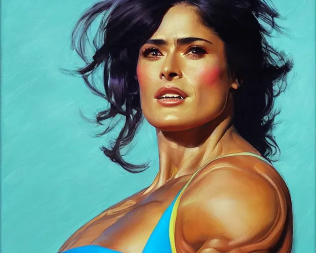 Image similar to greg manchess portrait painting of smug salma hayek as beautiful thick female bodybuilder zarya from overwatch, medium shot, asymmetrical, profile picture, organic painting, sunny day, matte painting, bold shapes, hard edges, street art, trending on artstation, by huang guangjian and gil elvgren and sachin teng