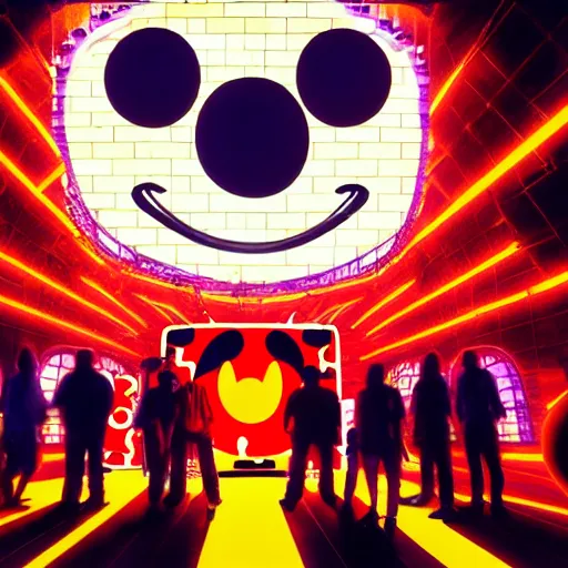 Image similar to a group of people standing around a giant one - eyed mickey mouse, cyberpunk art by david lachapelle, cgsociety, dystopian art by industrial light and magic, netflix neon logo concept art, neons, interior