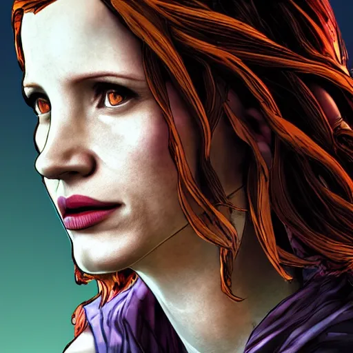 Image similar to jessica chastain portrait, borderlands, tales from the borderlands, the wolf among us, comic, cinematic lighting, studio quality, 8 k