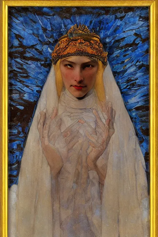 Image similar to queen of snow and ice by Annie Swynnerton and Nicholas Roerich, strong dramatic cinematic lighting , ornate headdress , flowing robes, lost civilizations, smooth, sharp focus, extremely detailed