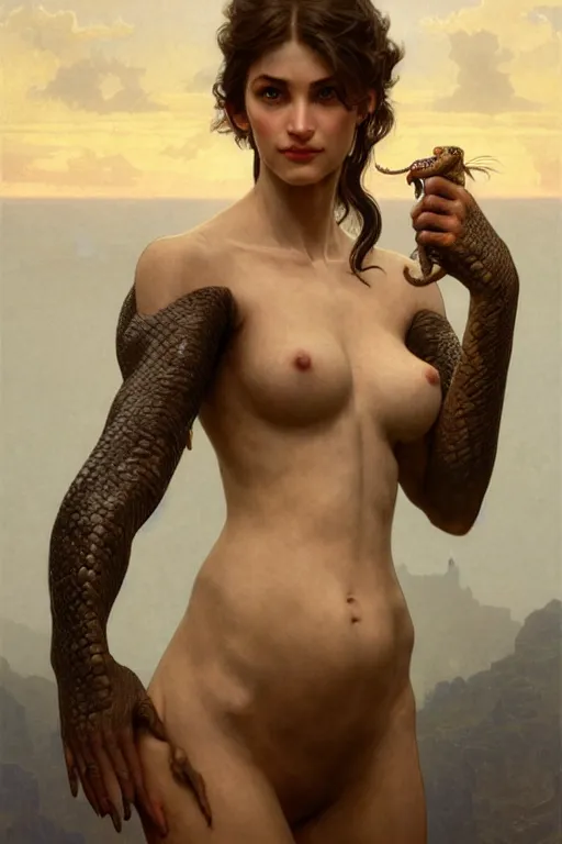 Prompt: Portrait of an anthropomorphic snake-woman, cinematic lighting, intricate, rugged, highly detailed, digital painting, normal hands, normal legs, artstation, smooth, sharp focus, illustration, art by artgerm and greg rutkowski and alphonse mucha and Wayne Barlowe and william-adolphe bouguereau