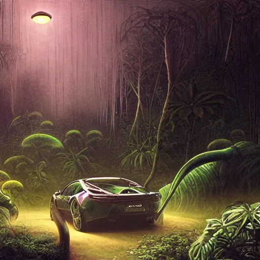 Image similar to a hyperrealistic painting of an exotic sports car in the middle of an alien jungle, bioluminescent plants, by john kenn mortensen and zdzislaw beksinski, highly detailed, vivid color,
