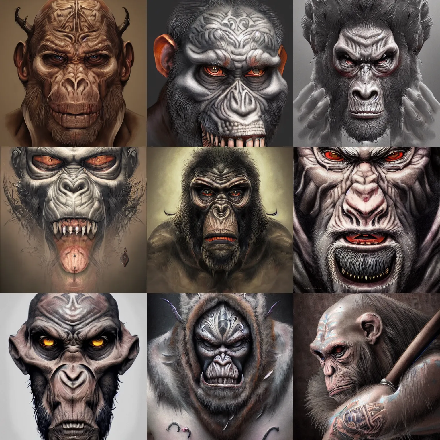 Image similar to a wlop 3 d render of very very very very highly detailed beautiful mystic portrait of a phantom ape demon with tattoos by anton pieck, intricate, extremely detailed, digital painting, artstation, concept art, smooth, sharp focus, illustration, intimidating lighting, incredible art,