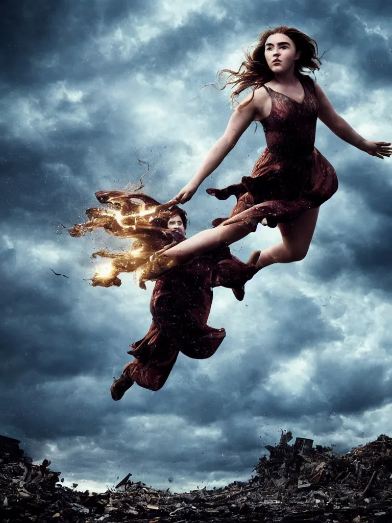 Image similar to expressive full body photo of florence pugh flying through a storm of debris, decolletage, confident pose, coherent, insane detail, concept art, character concept, cinematic lighting, global illumination radiating a glowing aura