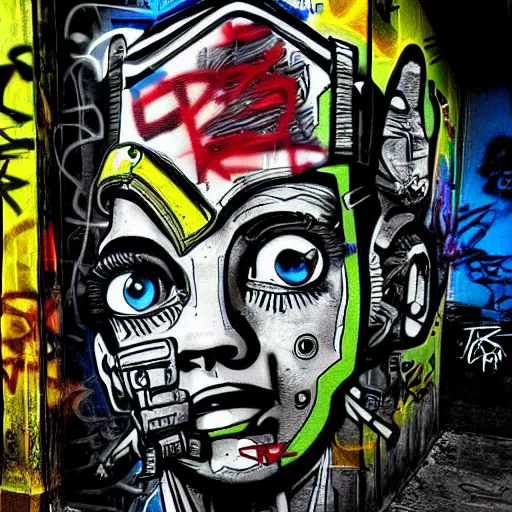 Image similar to chappie colorful graffiti, black and white zef design graffiti on the wall, dark lighting, digital art