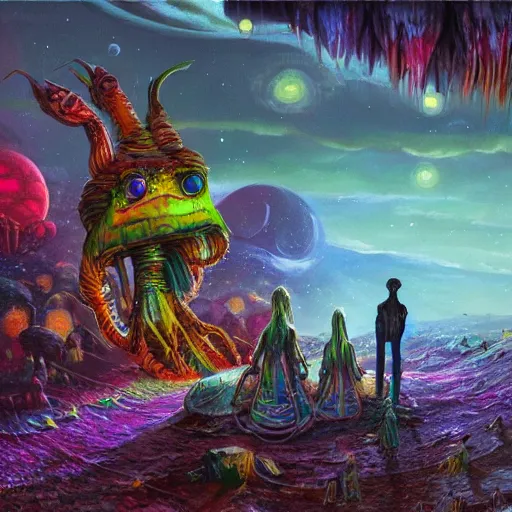 Image similar to extraterrestrial wedding in village on ancient post - apocalyptic planet, jim henson creature shop, vivid and colorful, cinematic, oil painting, highly detailed, illustration