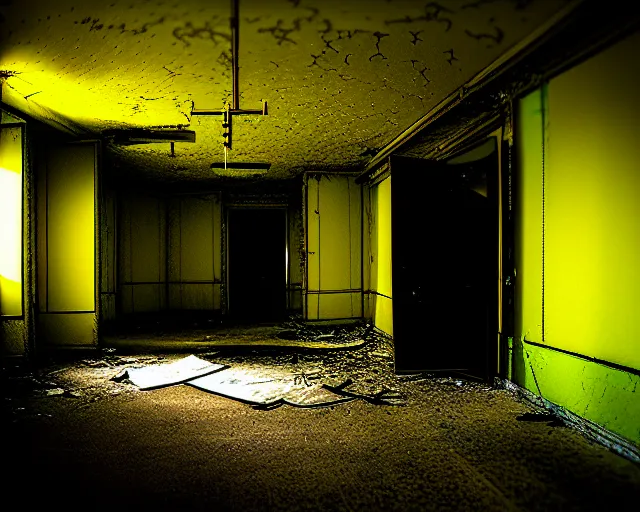 Image similar to the backrooms, the eerie forlorn atmosphere of a place that's usually bustling with people but is now abandoned and quiet, walls with tone of yellow, buzzing fluorescent lights above the ceiling, unsettling images, liminal space, dark