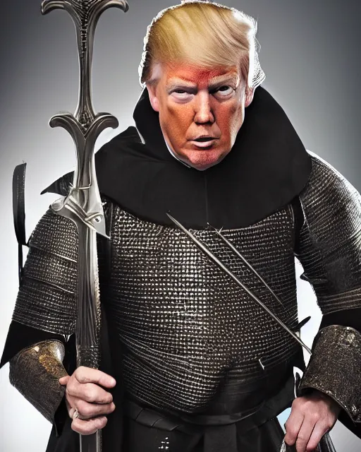 Image similar to a photo of donald trump dressed as a medieval knight. he's holding a sword with both hands. medium shot portrait. dslr photography