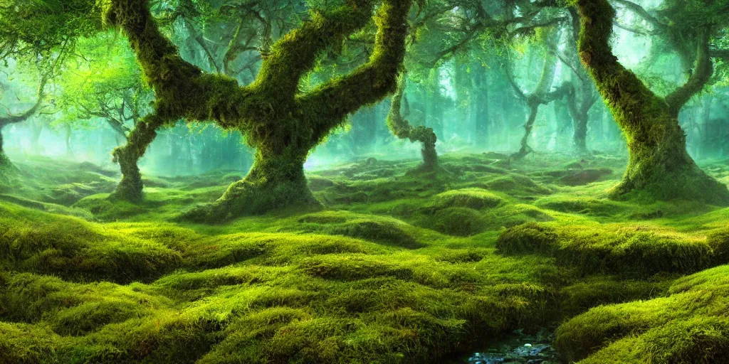 Image similar to gorgeous fields of moss landscape with glistening water, magical forest, brightly colored, magical, fantasy, landscape, beautiful, intricate details, highly detailed, sharp focus, concept art, digital painting, trending on artstation, still, screenshot, photo, photograph, in the style of Adrian Dudak