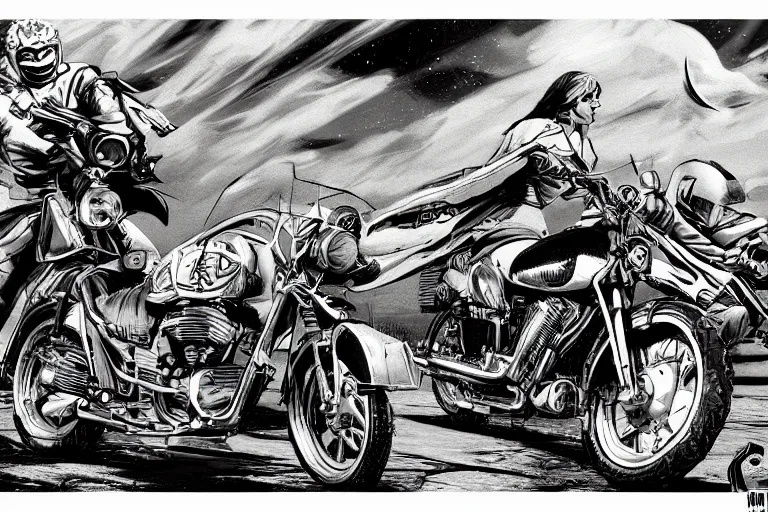 Image similar to motorcycles outside of bar night sky stars illustration by jack kirby artstation 4 k 8 k graphic novel concept art matte painting