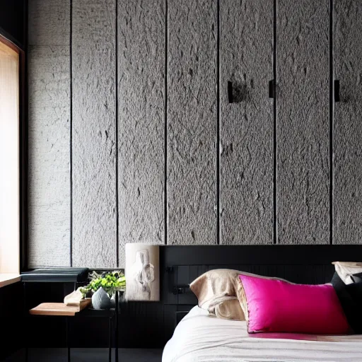 Image similar to bedroom, stone, interior design, stylish luxury hotel bedroom design, yakisugi, black vertical slatted timber, textures, feminine, black walls, art, Japanese pottery vase with flowers, kakejiku, seasonal, Japanese influences