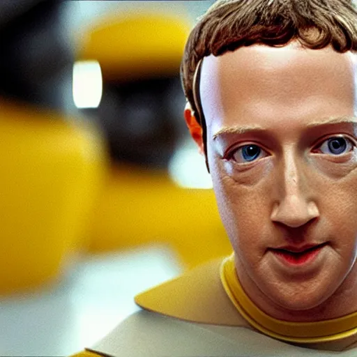 Prompt: a still of mark zuckerberg as data the android in star trek : the next generation ( 1 9 8 7 ), wearing a yellow star trek uniform