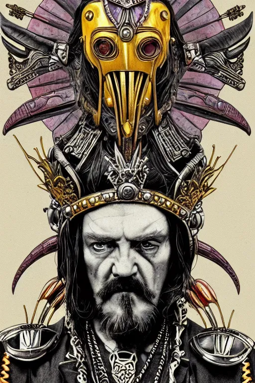 Image similar to a dramatic full-color art nouveau and ironpunk styled bust portrait of lemmy kilmister as a godlike and stoic alien king, with strong judging eyes, extremely detailed, art nouveau cybenetic engraved armor and intricately detailed angel-winged crown of cosmic power, perfectly symmetrical facial structure and framework, handsome yet brutal alien facial features of ancient swarth, by simon bisley, michael kaluta and travis charest, dark sci-fantasy, deeply ornate complexity, male face and bust, human anatomy mixed with cosmic alien and cyborg characteristics, sci-fi character concept, photorealism, art nouveau framing, stunning lighting, hyperrealism, 8k
