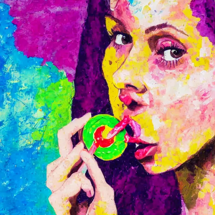 Image similar to portrait of beautiful woman licking a lollipop painted with colorful gouache impasto