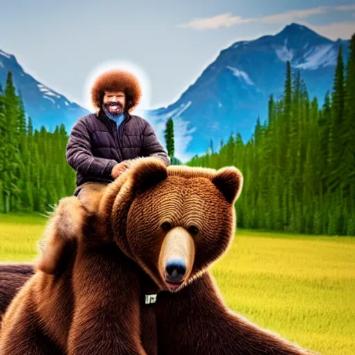 Image similar to bob ross riding on the back of a brown bear in alaska, outdoor, volumetric, hyperrealistic, shutterstock contest winner, national geographic photo, stockphoto, majestic