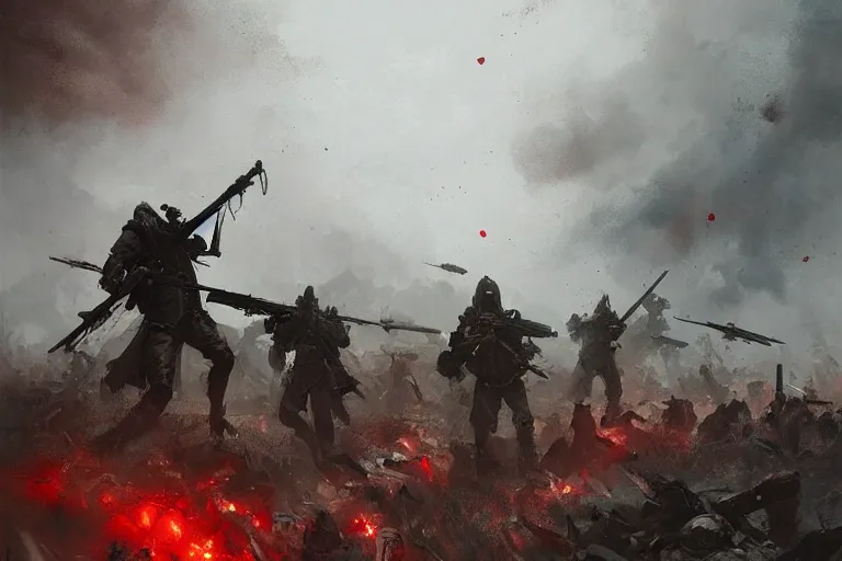 Prompt: bloody battlefield, filled with dead bodies, by by greg rutkowski, trending on artstation