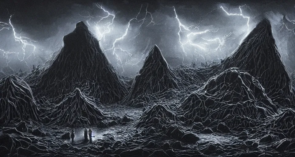 Image similar to black lovecraftian eldritch!! obsidian covered in etching pyramid!! on a black desert, being found by explorers, snowy, windy, by eugene von guerard, ivan shishkin, night, lightning!!, storm!, dramatic lighting, concept art, trending on artstation, 8 k