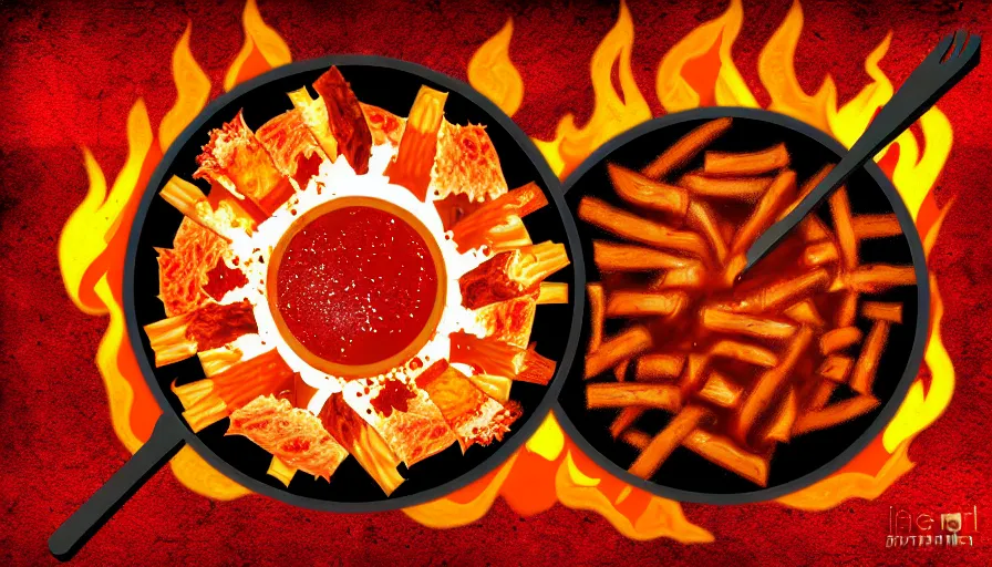 Image similar to poutine ( the canadian meal ) from mount doom, volcano texture, lava texture, fire texture, digital art, studio mir