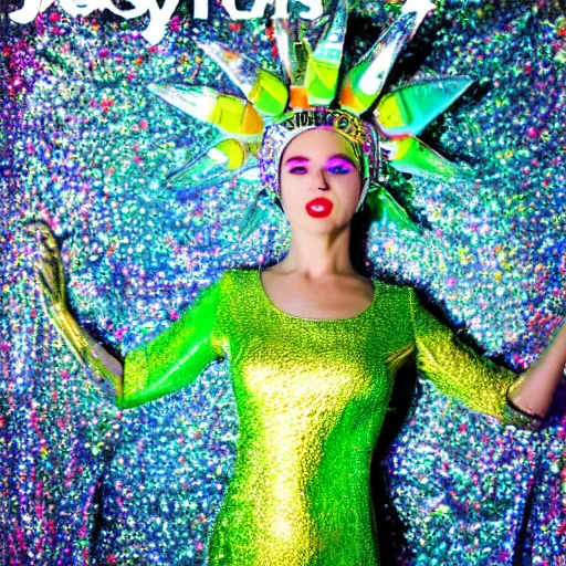 Prompt: jollyfish magazine cover photo, a woman wearing a dress made out of colorful dripping latex and a fancy intricate shiny reflective headdress made out of mirrors, standing in front of a detailed metallic backdrop made out of aluminum foil, shallow depth of field, super - detailed, volumetric lighting, light beams, sharp, no artifacts