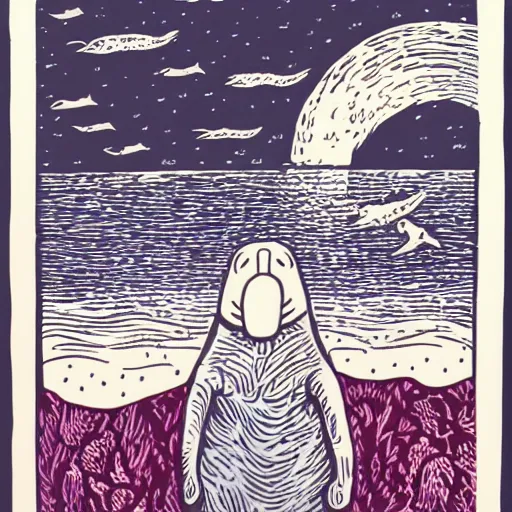 Image similar to freya the walrus in heaven, linocut