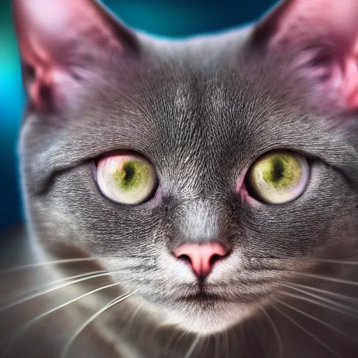 Prompt: portrait of grey cat with big green eyes in the space with nebulae, realistic painting, high definition, digital art, matte painting, very detailed, realistic