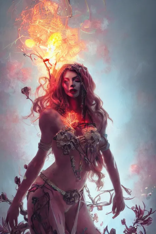 Prompt: extremely beautiful girl necromancer, witch - doctor exploding into flowers, demons, 3 d render, hyper - realistic detailed portrait, holding fire and electricity, ruan jia, wlop. scifi, fantasy, magic the gathering, hyper detailed, octane render, concept art, peter mohrbacher