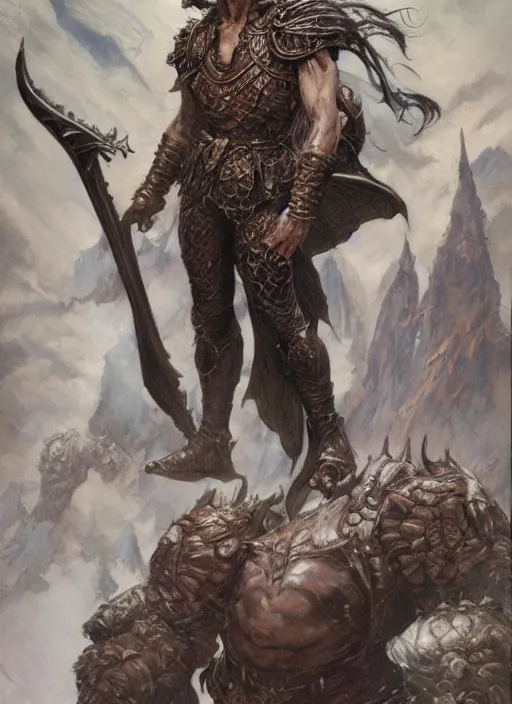 Image similar to a detailed paintbrush portrait of a male fantasy character, art by donato giancola and bayard wu and gustav moreau and wayne barlowe, rpg portrait, conan, krull, 8 0's fantasy movies, dungeons & dragons, d & d, artstation