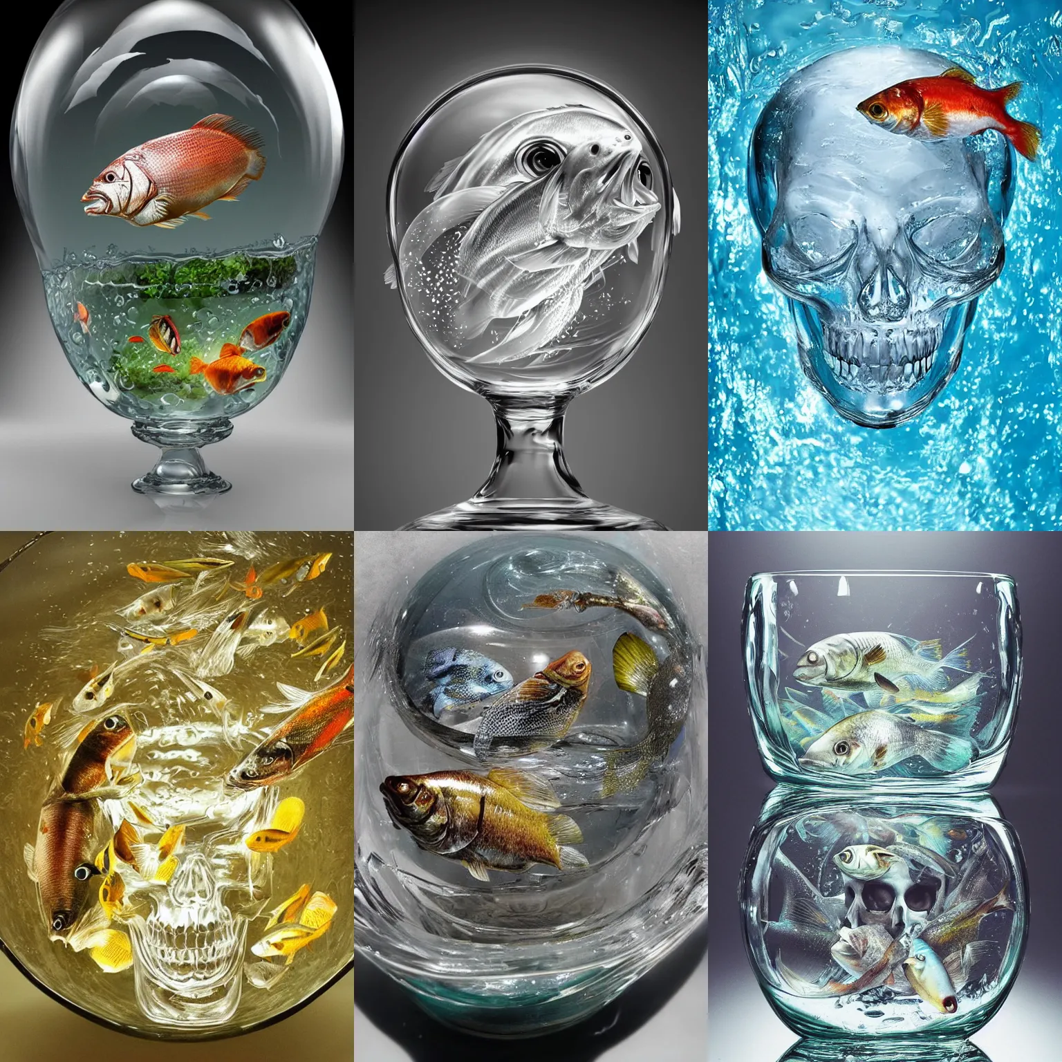 Prompt: realistic photo of a glass skull bowl filled with water with fish swimming in it, highly detailed,