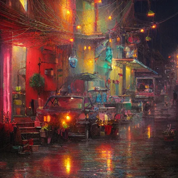 Prompt: Downtown Mexico, string lights, colorful lighting, night, realism, by Tooth Wu, by Lienzo Óleo Paisaje, by Greg Rutkowski