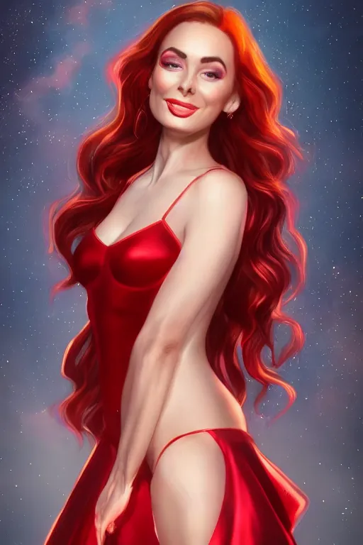 Image similar to beautiful elegant full body portrait of felicia day with fiery red hair wearing a sparkling cherry color one piece swimsuit and iridescent white silk cape, wlop, artgerm, artstation, backlit, marble background