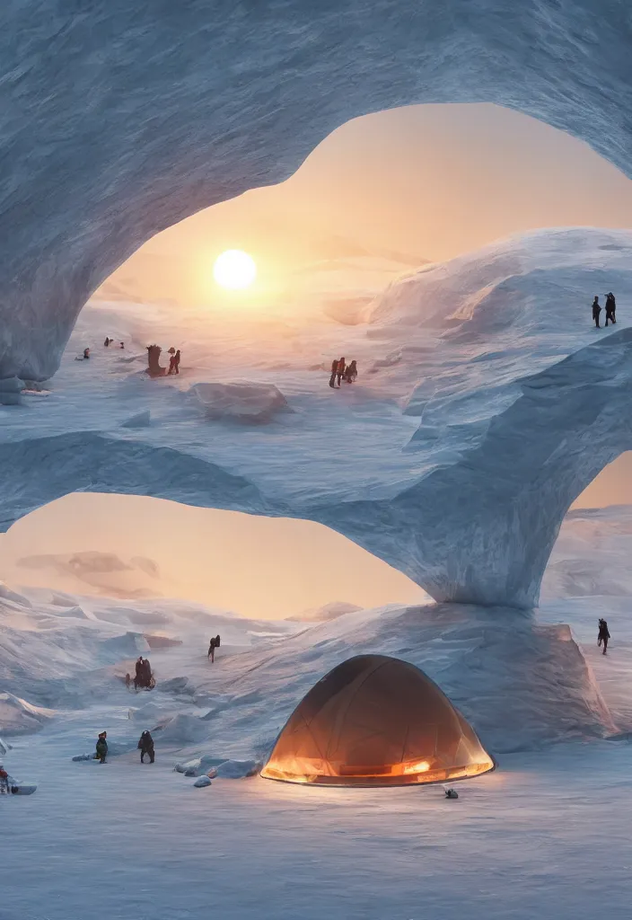 Image similar to Multiple tunnels in antartica with a transparent roof that shows a beautiful sunset, multiple people in the tunnels around campfires and futuristic igloos, facinating, fantasy digital art, octane render, beautiful composition, trending on artstation, award-winning photograph, masterpiece