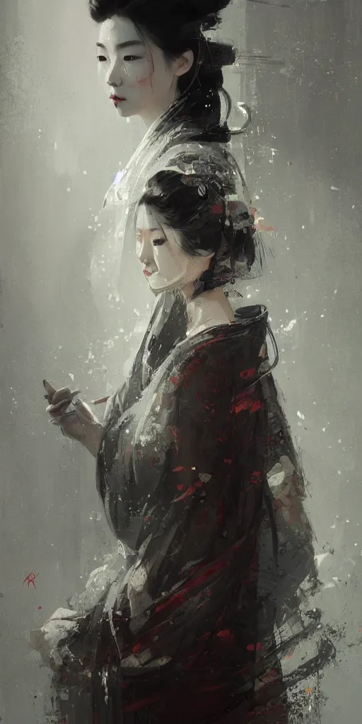 Image similar to female geisha girl, beautiful face, rule of thirds, intricate outfit, spotlight, by greg rutkowski, by jeremy mann, digital painting