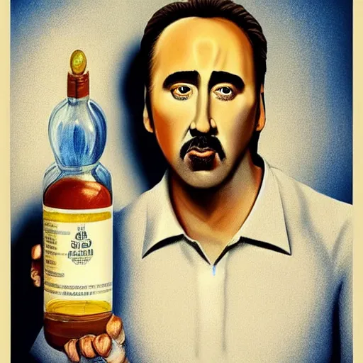 Image similar to Drinking from bottle liquid with face Nicolas Cage, Surrealism, Surreal drawing, Digital art, from artstation, art by Salvador Dali