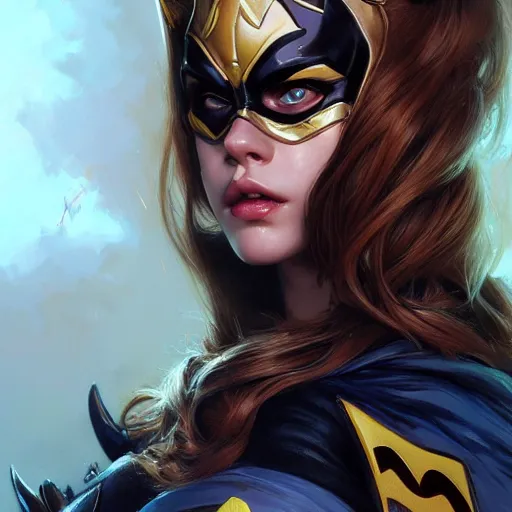 Image similar to beautiful Barbara Palvin as Batgirl, western, closeup, D&D, fantasy, intricate, elegant, highly detailed, digital painting, artstation, concept art, matte, sharp focus, illustration, art by Artgerm and Greg Rutkowski and Alphonse Mucha