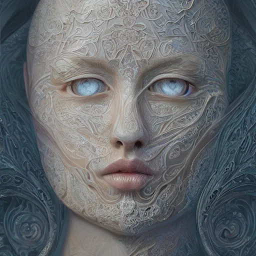 Prompt: opalescent marble portrait, up close, shallow depth of field, warm, masterpiece, ivory carving, fractal paisley inlay, lace, intricate, elegant, highly detailed, artgerm, hyperrealistic, trending on artstation, lace, by ruan jia and greg rutkowski