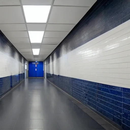 Prompt: underground lab hallway, dark blue and black, unknown location, clean, dry wall, shiny black tile floors, cinematic