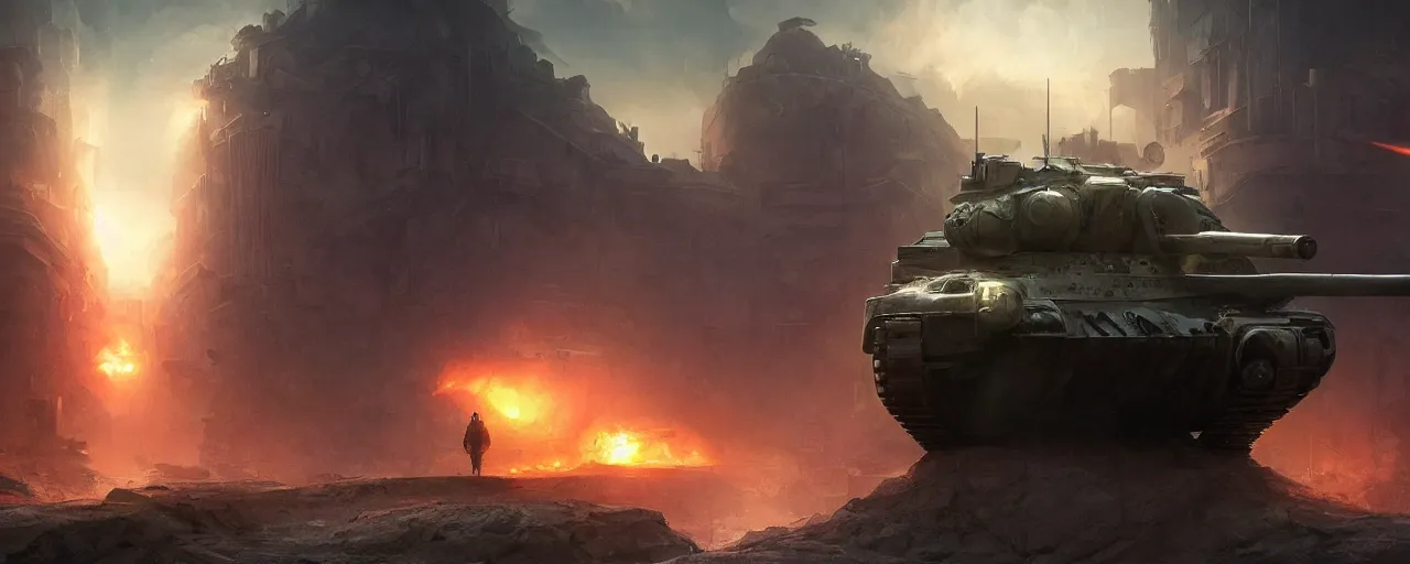 Prompt: tank at war, in the ancient abandoned city epic scene, volumetric lighting futuristic, intricate, highly detailed, digital painting, artstation, concept art, cinematic, smooth, sharp focus, illustration, aurora borealis, unreal engine 5, 8 k, art by artgerm and greg rutkowski and alphonse mucha