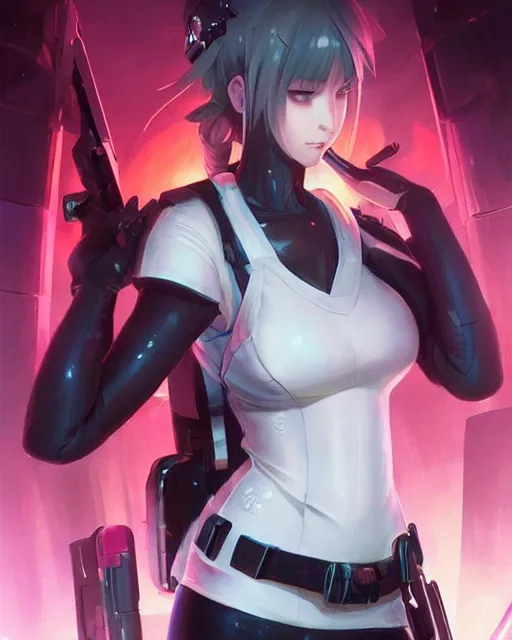 Image similar to nami, anime key visual of a young female swat officer, neon, cyberpunk, futuristic, white clothing, black vest, swat helmet, stunning, highly detailed, digital painting, smooth, soft focus, illustration, 4 k digital art from artstation by artgerm and greg rutkowski and alphonse mucha