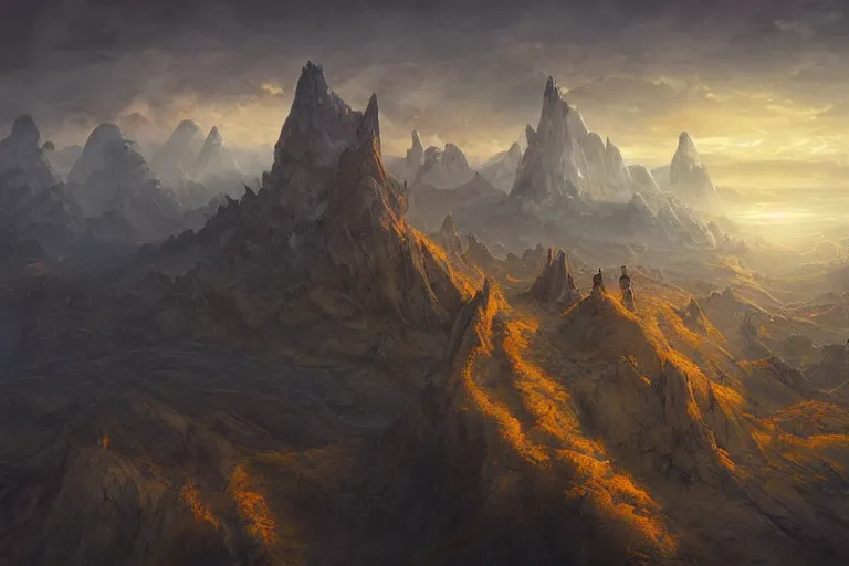 Image similar to high aerial shot, cinematic fantasy painting, dungeons and dragons, plains mountains and rivers, with sunset lighting ominous shadows by jessica rossier and brian froud cinematic painting