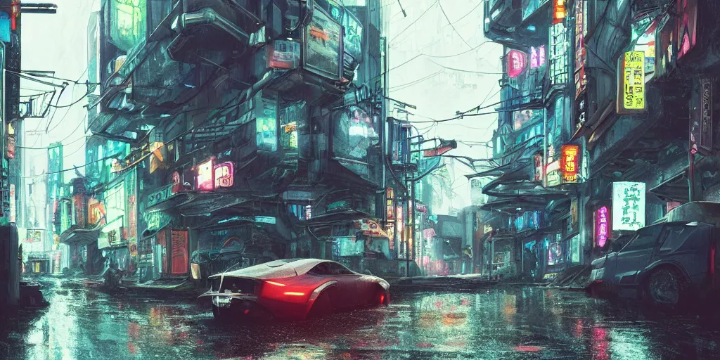 Prompt: Cyberpunk back alley with a futuristic car in the foreground on a rainy day in Japan, low angle view, detailed matte painting, cinematic, Simon Stalenhag, Artstation