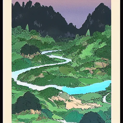 Image similar to A landscape with mountains and forests and a river crossing by the middle of a valley by Studio Ghibli