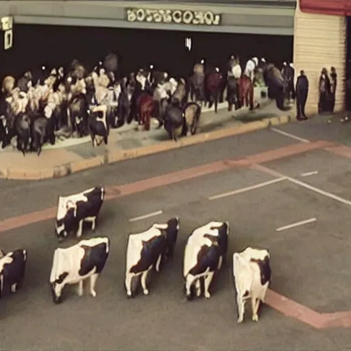 Image similar to movie still of cows trying to break into The Steakhouse at Circus Circus Casino during a riot, cows wearing suits, photorealistic, highly detailed