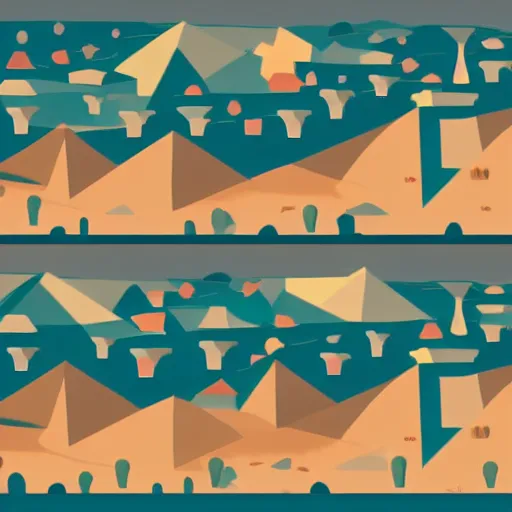 Image similar to geometric art of a town in a desert, made entirely from gradients, colorful, vector graphics