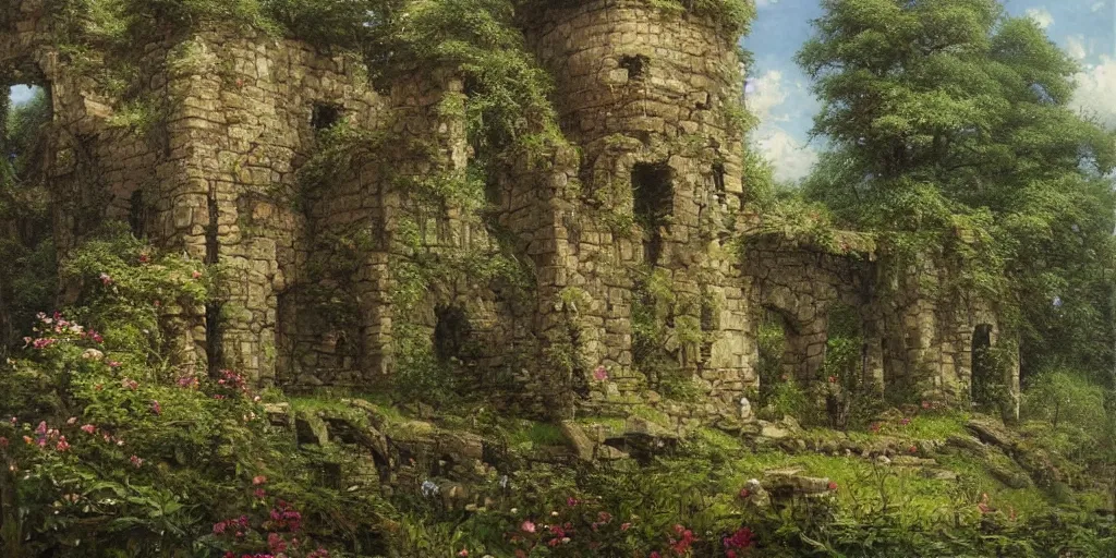 Image similar to Art of The cinematic view of The overgrown ruins of a stone tower amidst a forest of flowering trees by John Howe