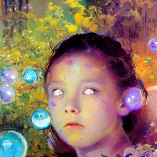 Image similar to a girl with three eyes : : on 5 translucent luminous spheres, full of floral and berry fillings, in an ocean of lavender color by john berkey