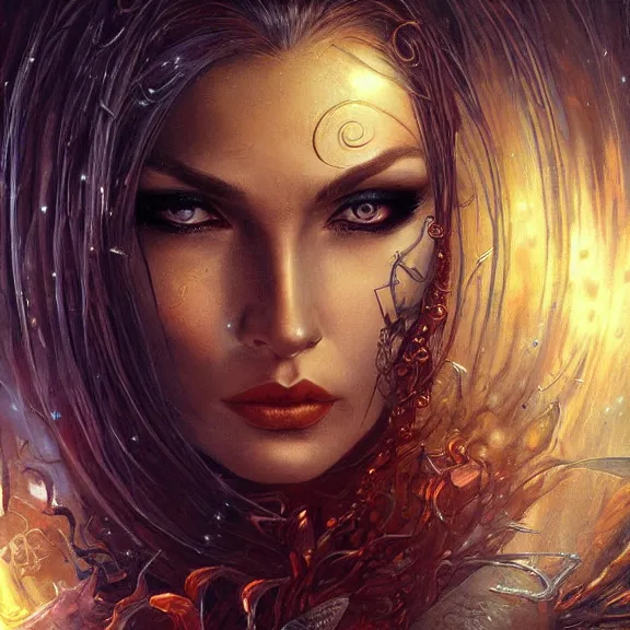 Image similar to a higly detailed painting of a sorceress with piercing beautiful eyes, dark dungeon setting, dynamic lighting, ambient lighting, deviantart, art by artgerm and karol bak and mark brooks